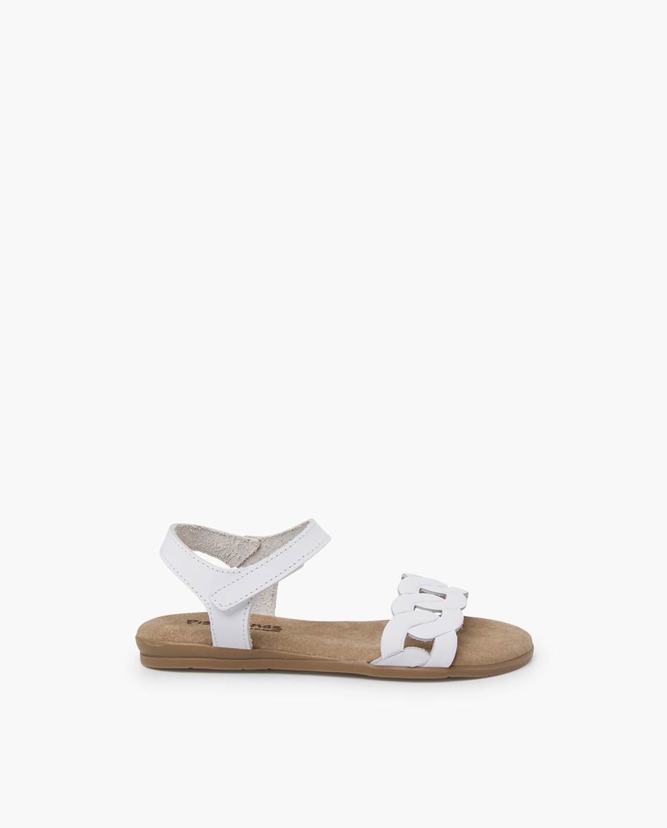 Sandálias Abertas Infantil em Pele com Elos e Tira Velcro Pisamonas Branco-1
