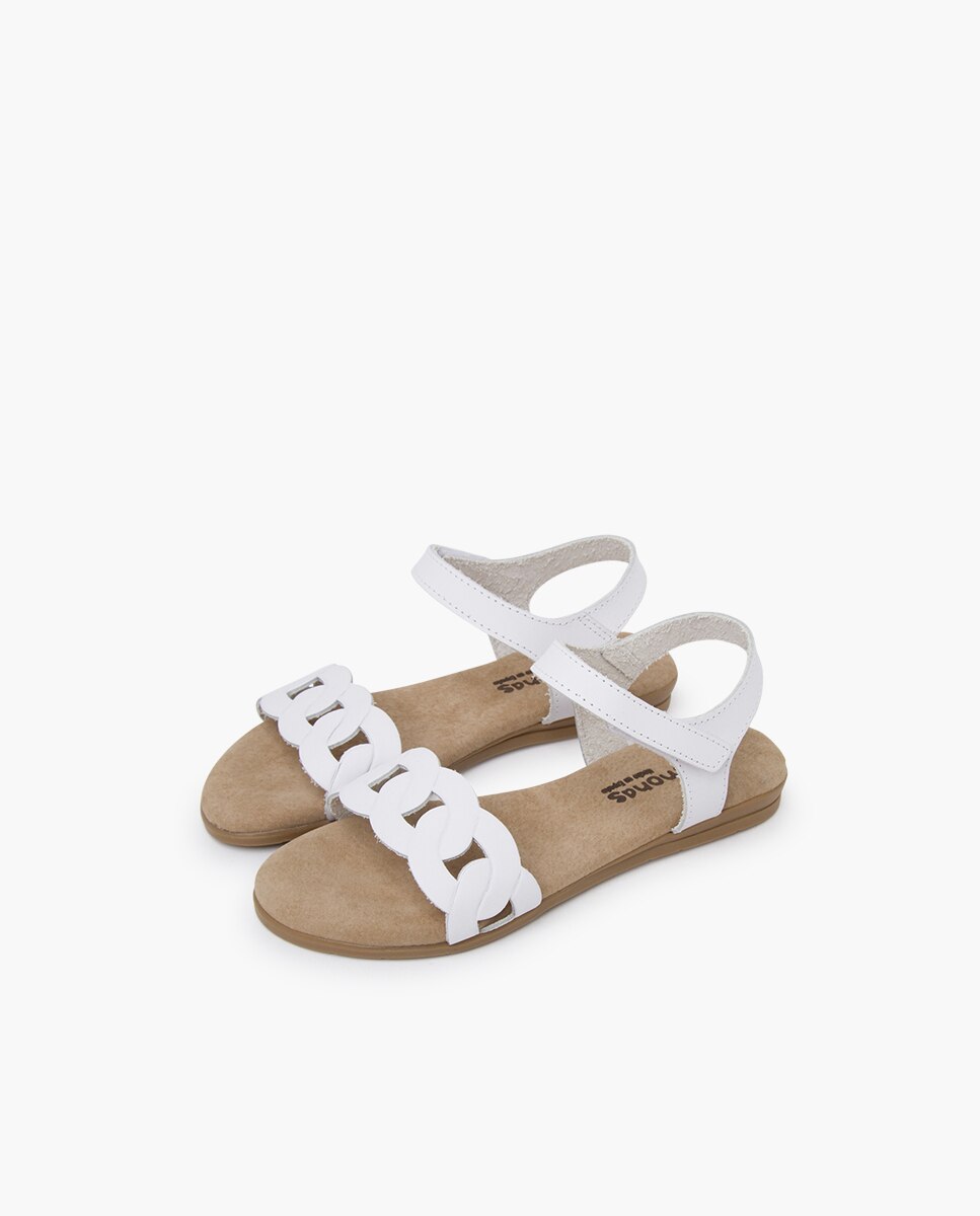 Sandálias Abertas Infantil em Pele com Elos e Tira Velcro Pisamonas Branco-3