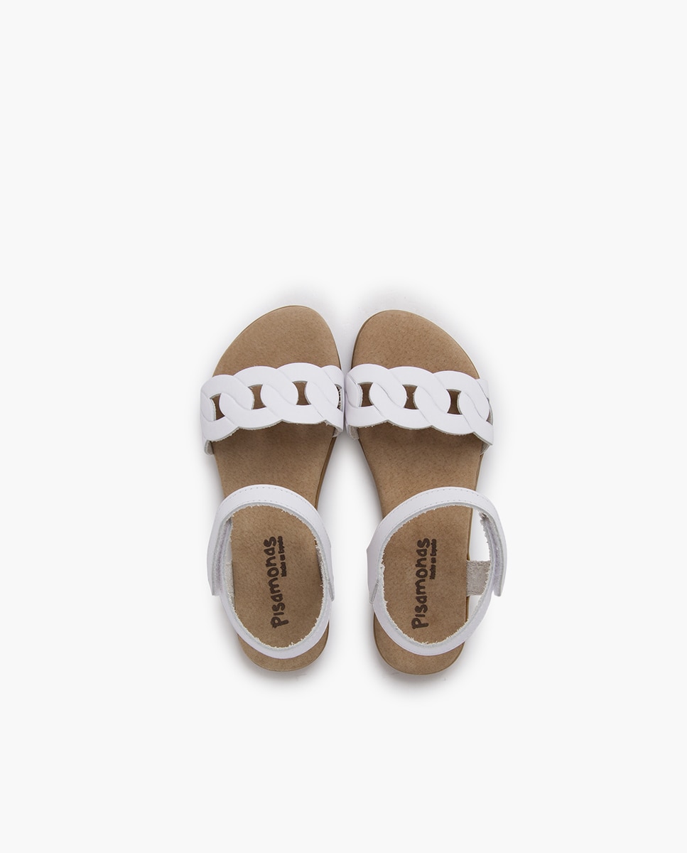 Sandálias Abertas Infantil em Pele com Elos e Tira Velcro Pisamonas Branco-4