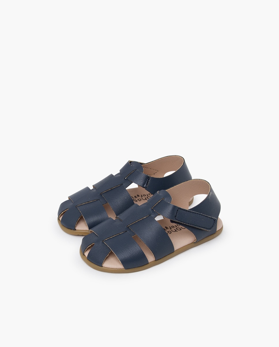 Sandálias Abertas Infantil Barefoot com Tiras em Pele Pisamonas Azul-marinho-3