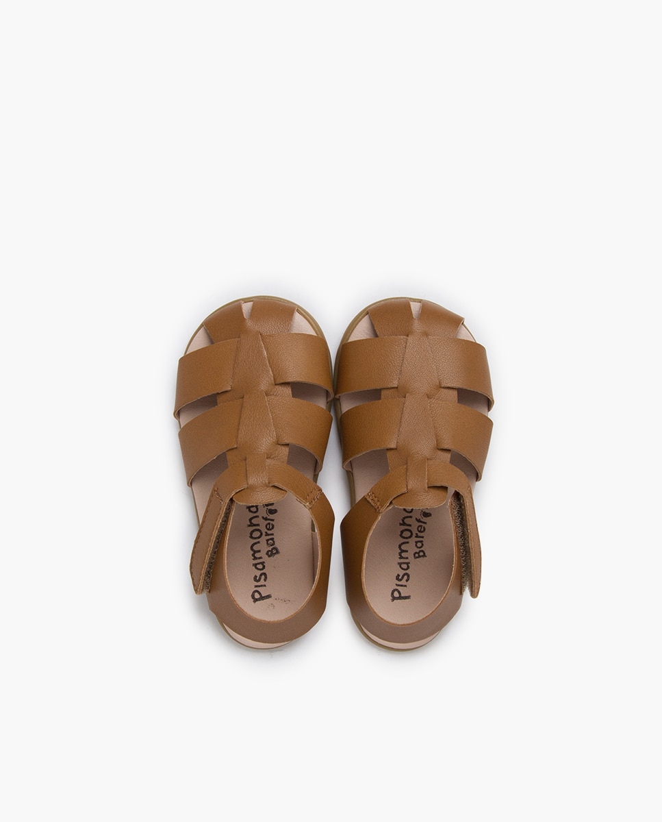 Sandálias Abertas Infantil Barefoot com Tiras em Pele Castanho-claro-4