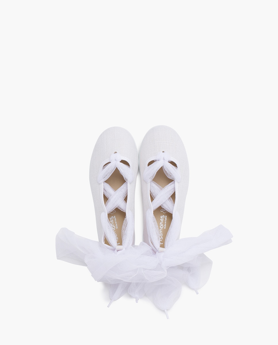 Bailarinas Infantil em Linho com Tiras Cruzadas e Tule Branco-4