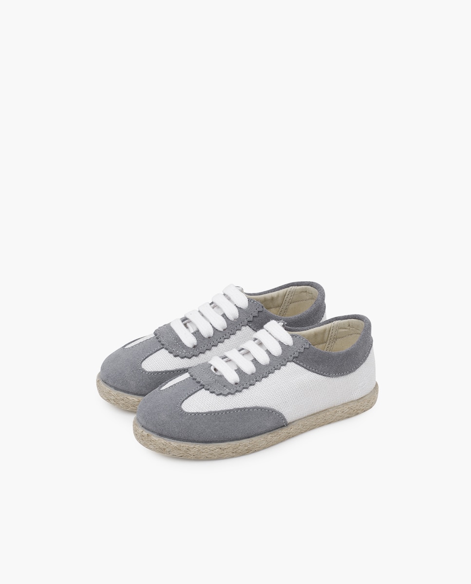 Sapatilhas de Pele Infantil em Lino e Camurça Combinadas Branco / Cinzento-3