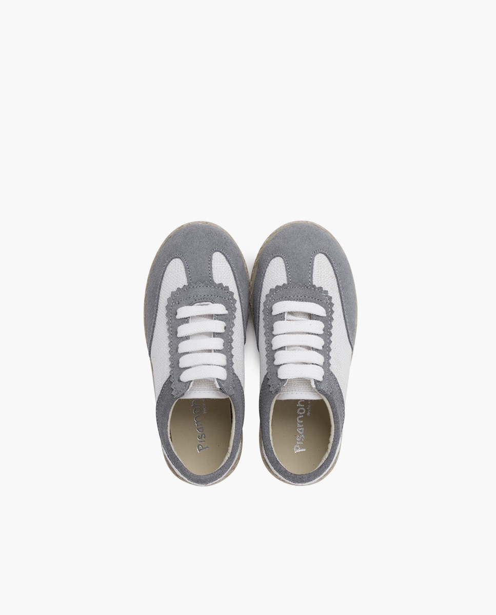 Sapatilhas de Pele Infantil em Lino e Camurça Combinadas Branco / Cinzento-4