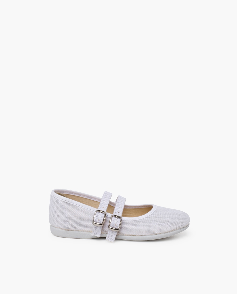 Sapatos de Presilha Infantil de Linho com Fivela Dupla Branco-1
