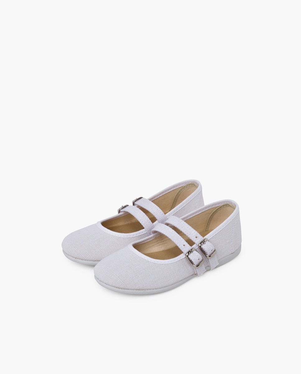 Sapatos de Presilha Infantil de Linho com Fivela Dupla Branco-3