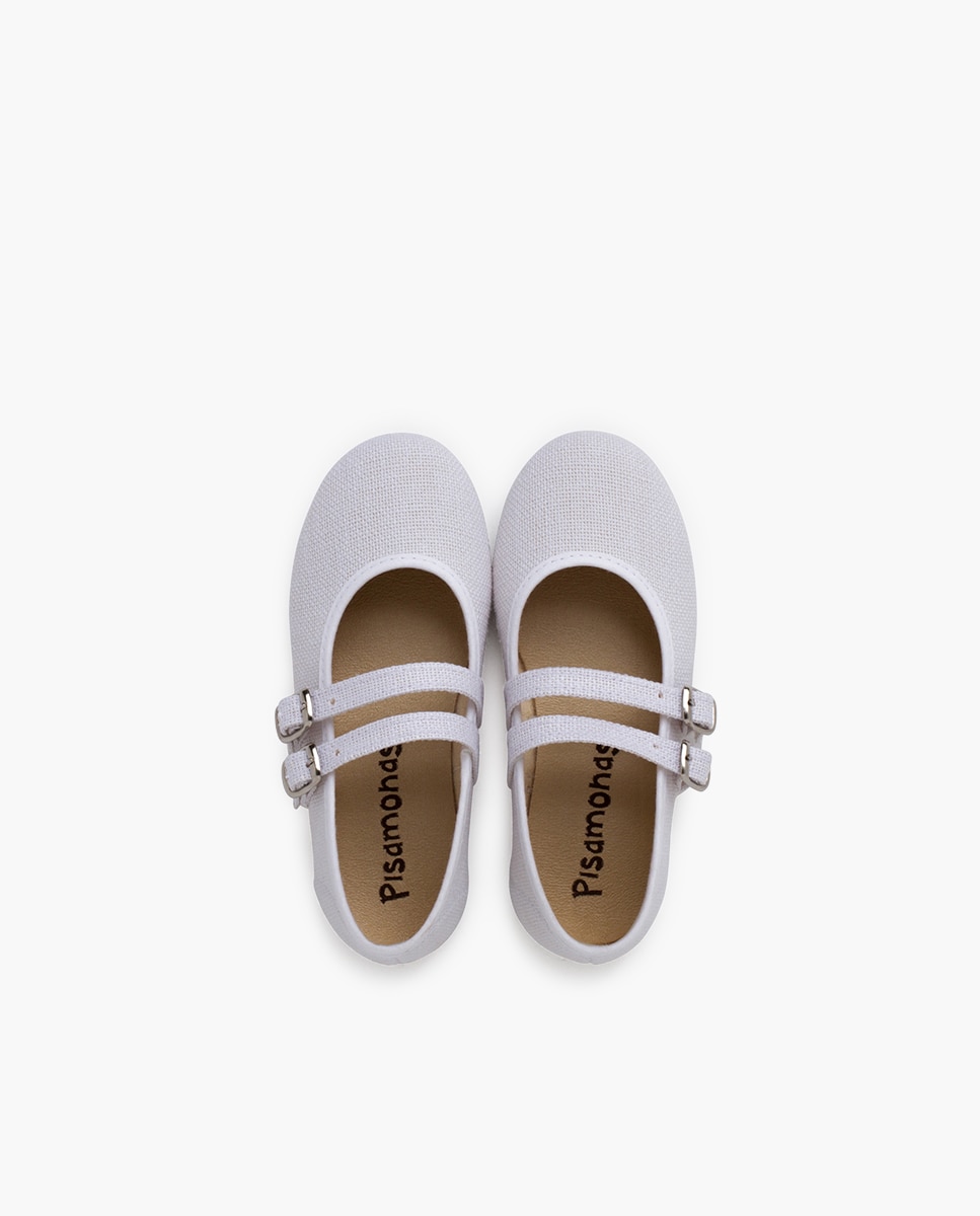 Sapatos de Presilha Infantil de Linho com Fivela Dupla Branco-4