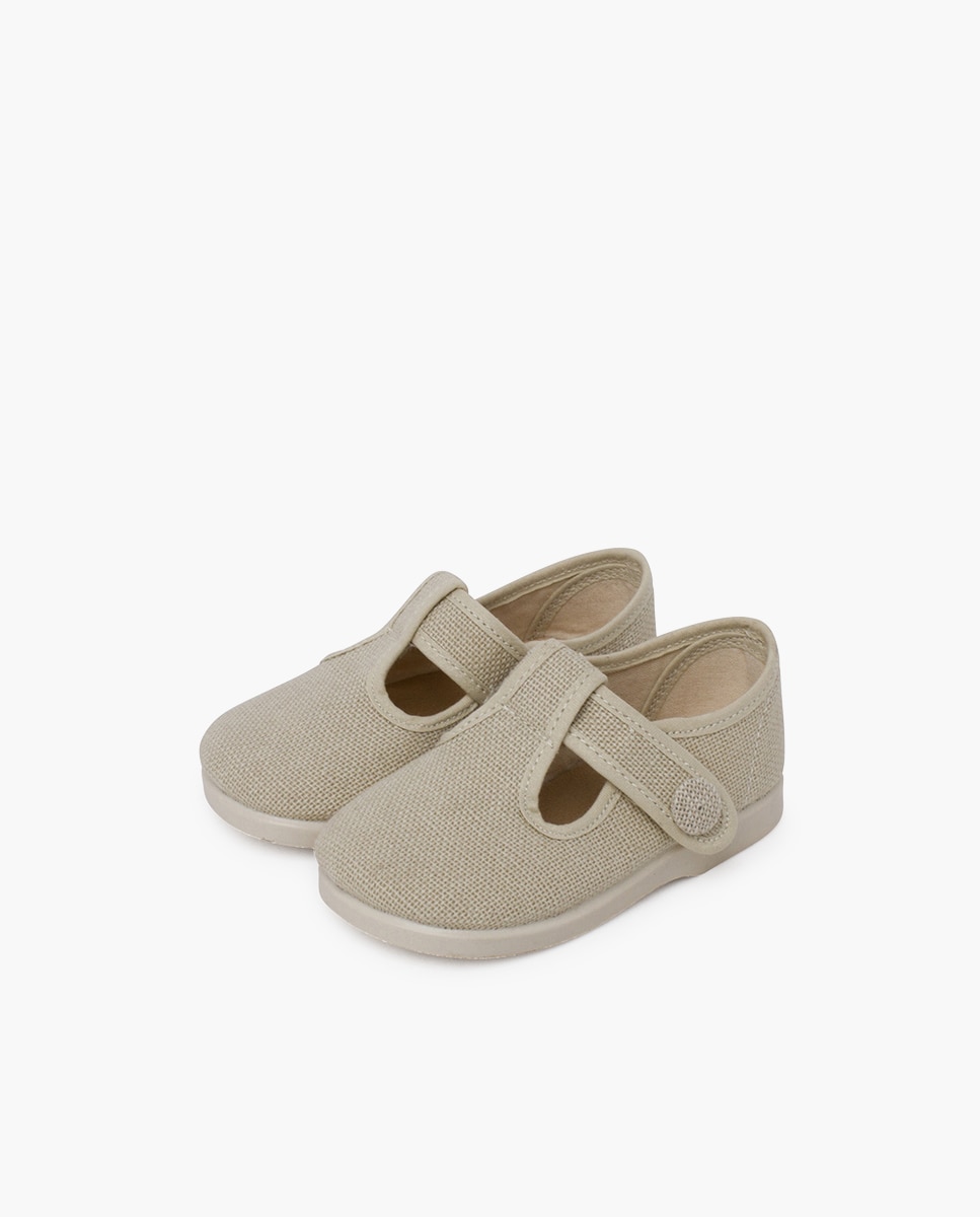 Pepitos para Bebé de Linho com Velcro e Botão Pisamonas Bege-3
