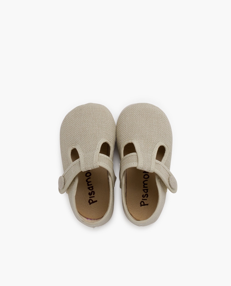 Pepitos para Bebé de Linho com Velcro e Botão Pisamonas Bege-4