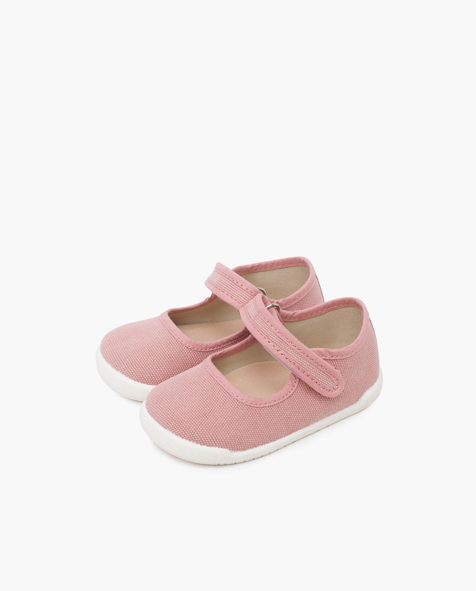 Sapatos de Presilha para Bebé Barefoot em Lona Canvas com Tira Pisamonas Rosa-pastel-3