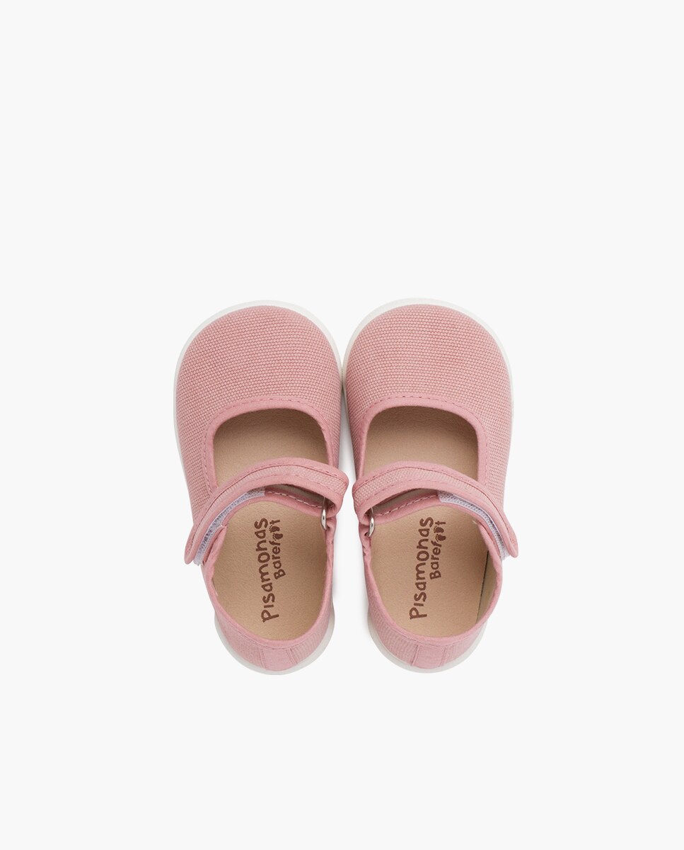Sapatos de Presilha para Bebé Barefoot em Lona Canvas com Tira Pisamonas Rosa-pastel-4