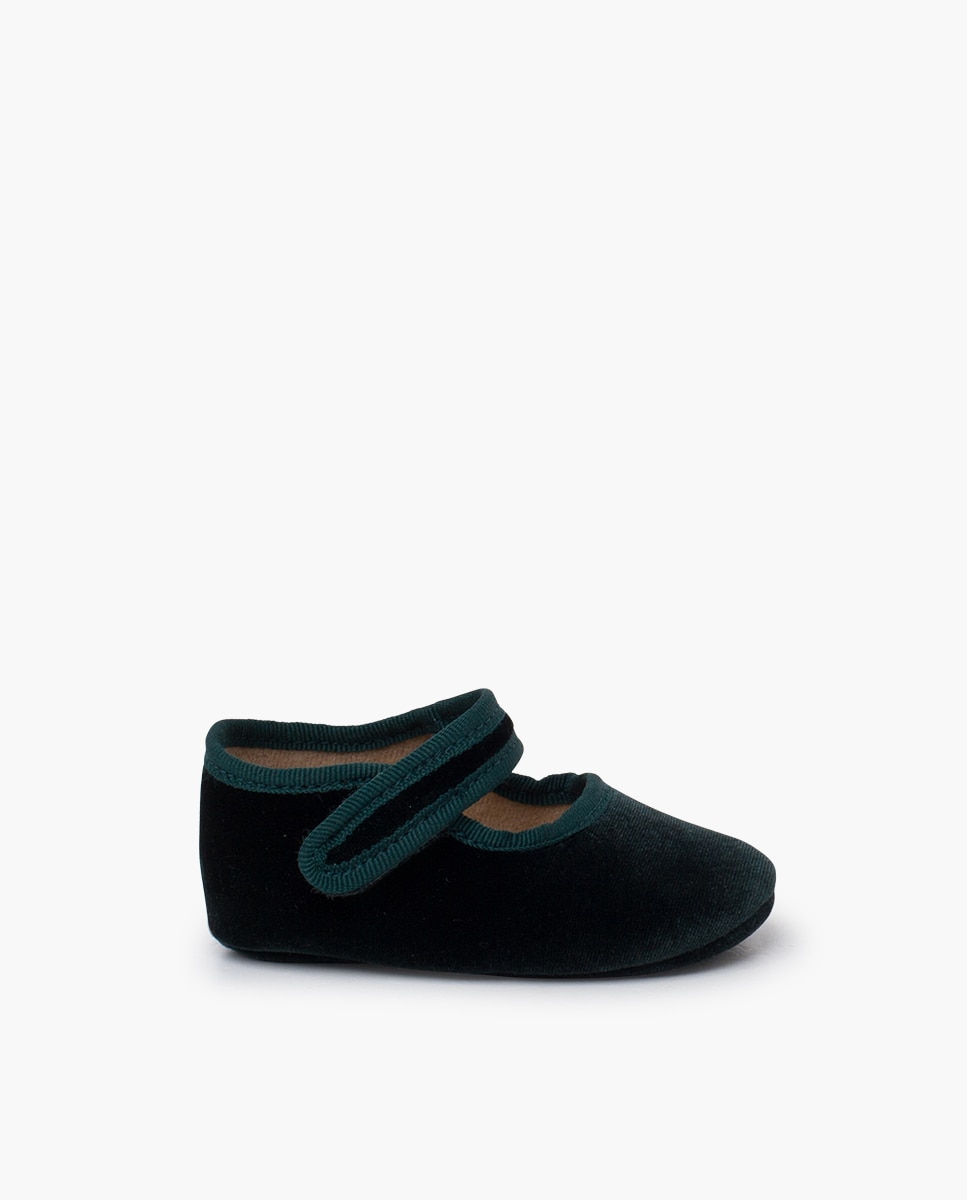 Merceditas para Bebé em Veludo com Fecho de Velcro Pisamonas Verde-escuro-1