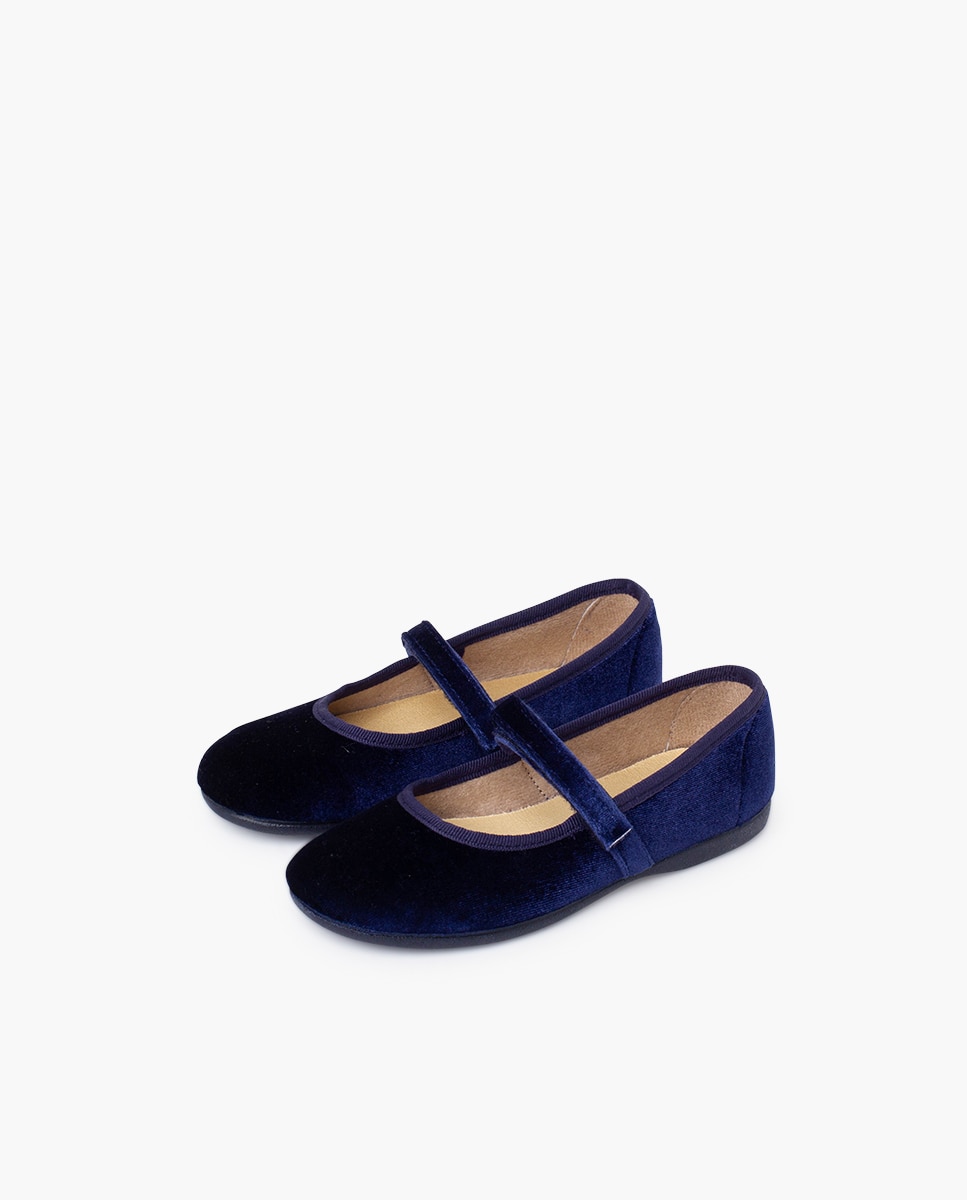 Merceditas Infantil de Veludo com Tira Adesiva Pisamonas Azul-marinho-3