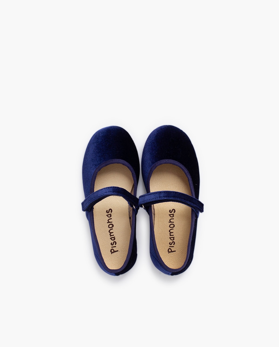 Merceditas Infantil de Veludo com Tira Adesiva Pisamonas Azul-marinho-4