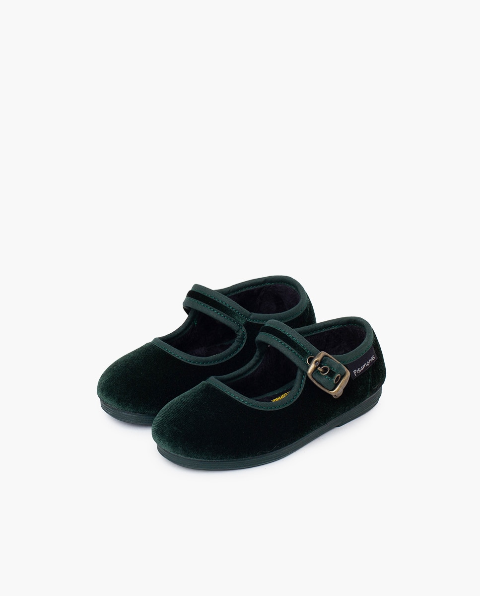 Sapatos de Presilha Infantil em Veludo com Fivela Ouro Velho Pisamonas Verde-3