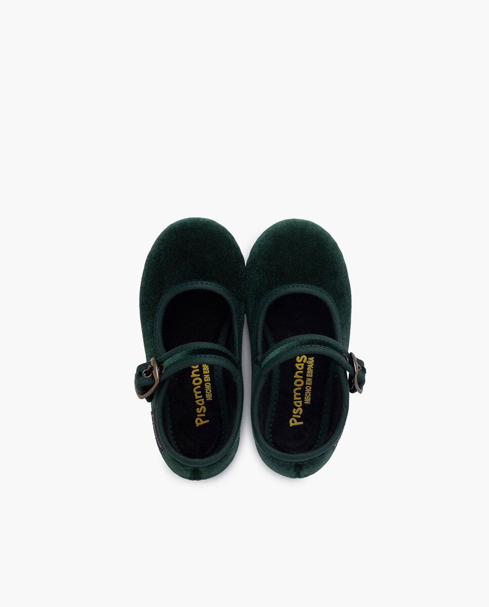 Sapatos de Presilha Infantil em Veludo com Fivela Ouro Velho Pisamonas Verde-4