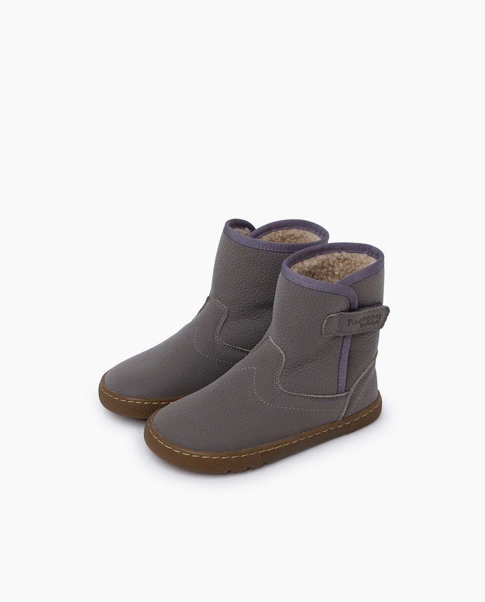 Botas Infantil em Pele Barefoot com Pelo de Ovelha Cinzento-3