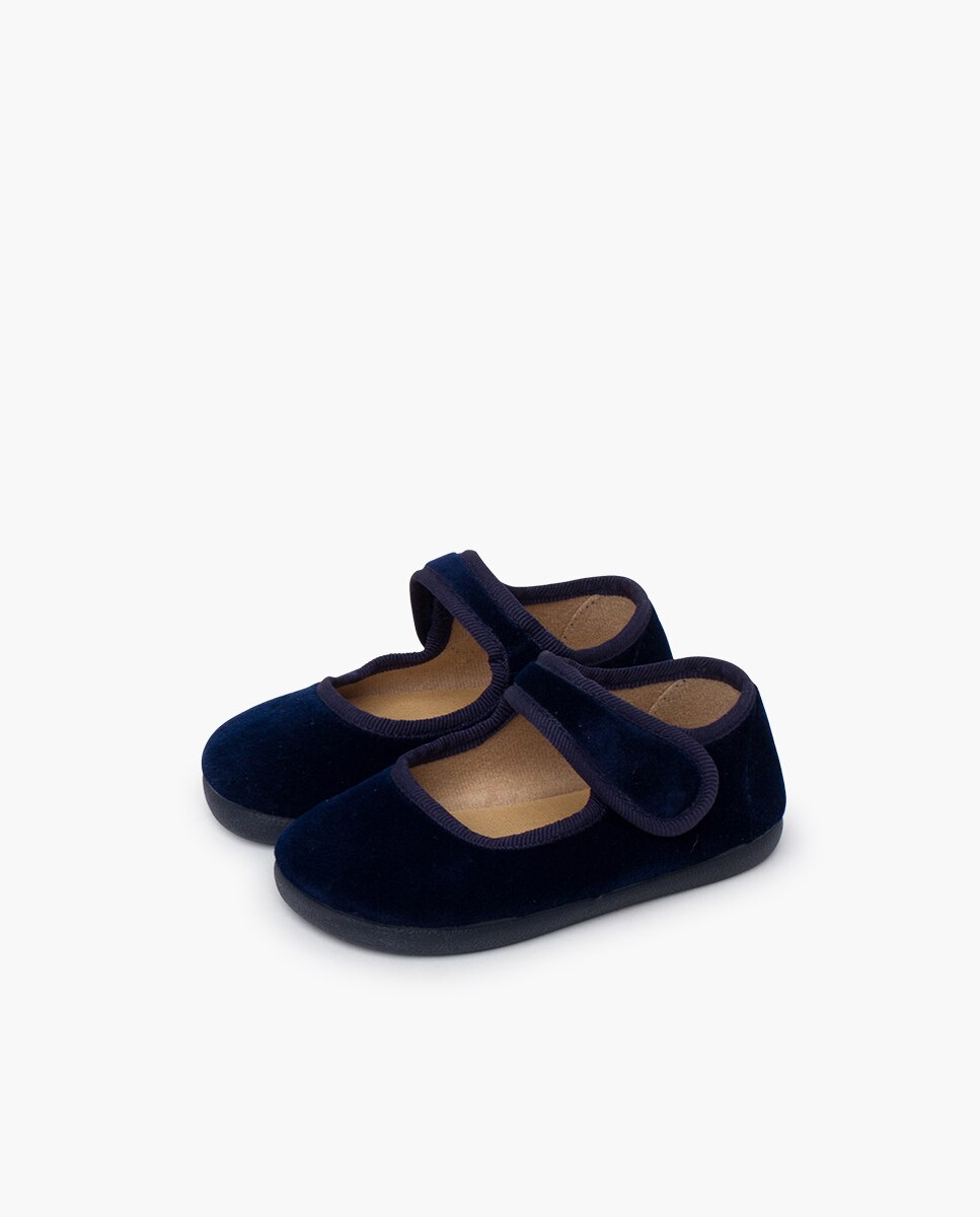 Sapatos Rasos Infantil Barefoot em Veludo com Tira Adesiva Pisamonas Azul-marinho-3