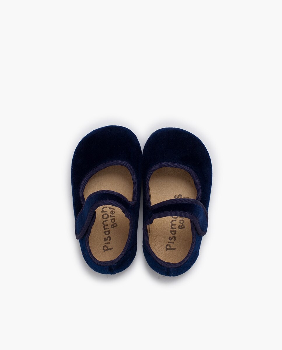 Sapatos Rasos Infantil Barefoot em Veludo com Tira Adesiva Pisamonas Azul-marinho-4