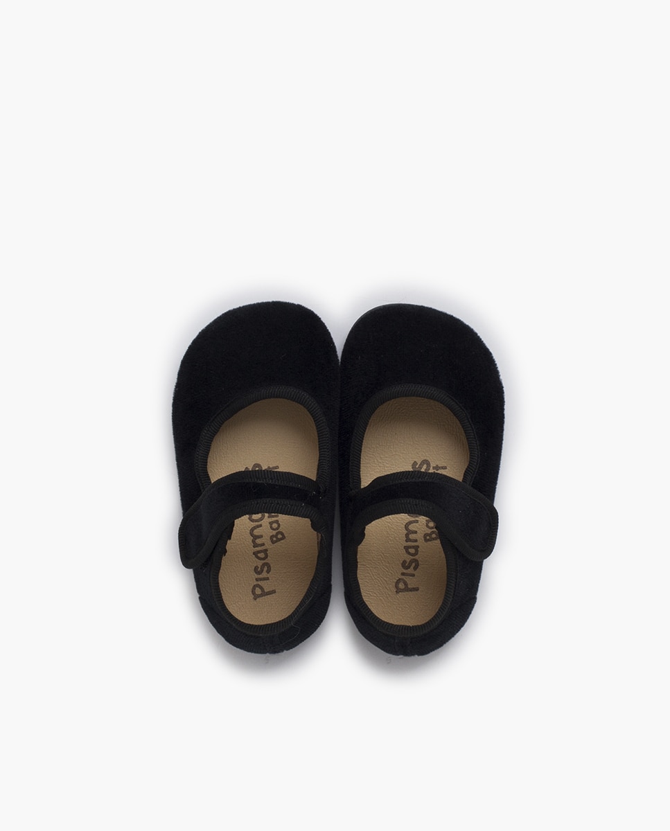 Sapatos Rasos Infantil Barefoot em Veludo com Tira Adesiva Pisamonas Preto-4