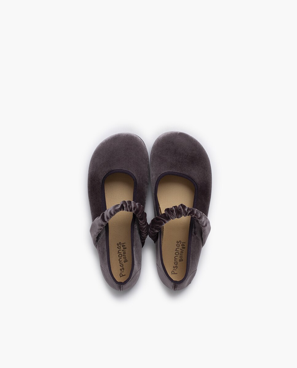 Merceditas Infantil Barefoot Veludo com Tira Franzida Pisamonas Cinzento-escuro-4