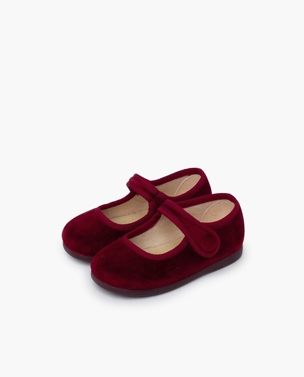 Merceditas de Bebé Velvet Tira Adherente com Botão Pisamonas Bordeaux-3