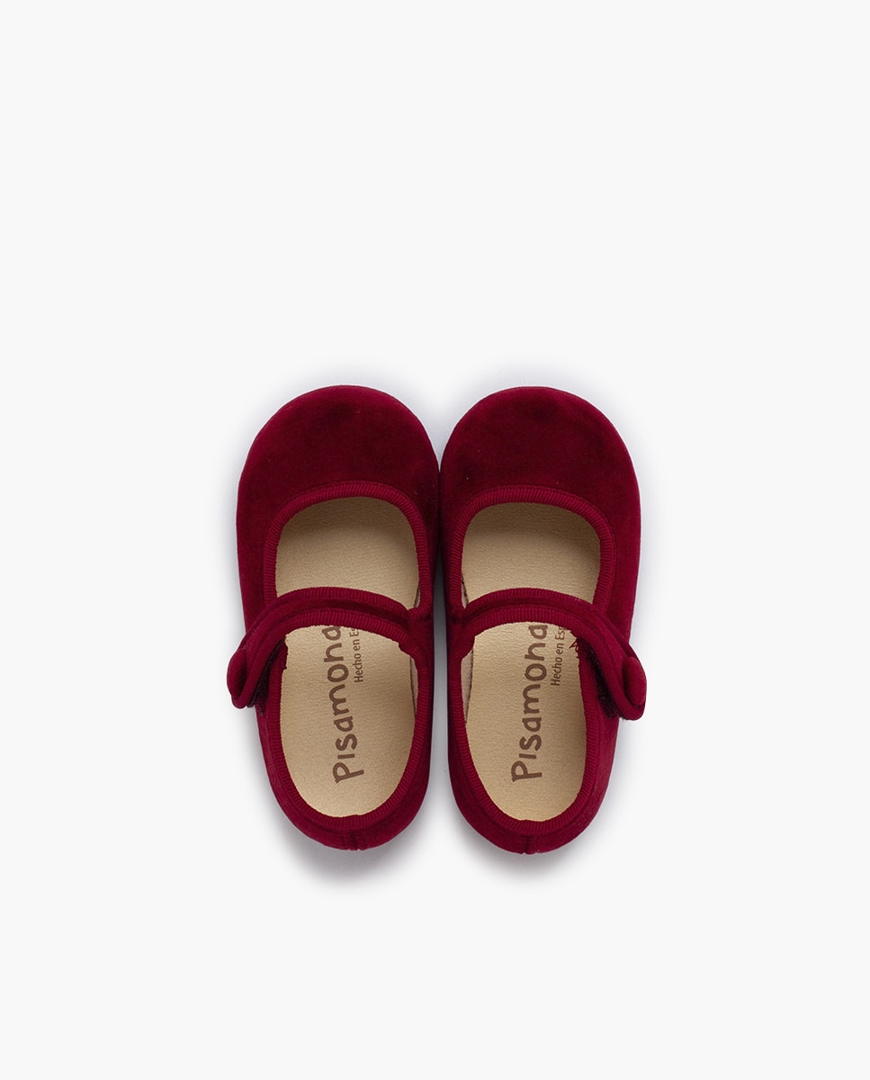 Merceditas de Bebé Velvet Tira Adherente com Botão Pisamonas Bordeaux-4