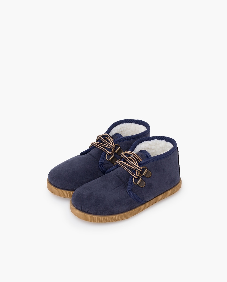 Botas Suede com Forro de Pelo de Ovelha e Cordão Azul-marinho-3