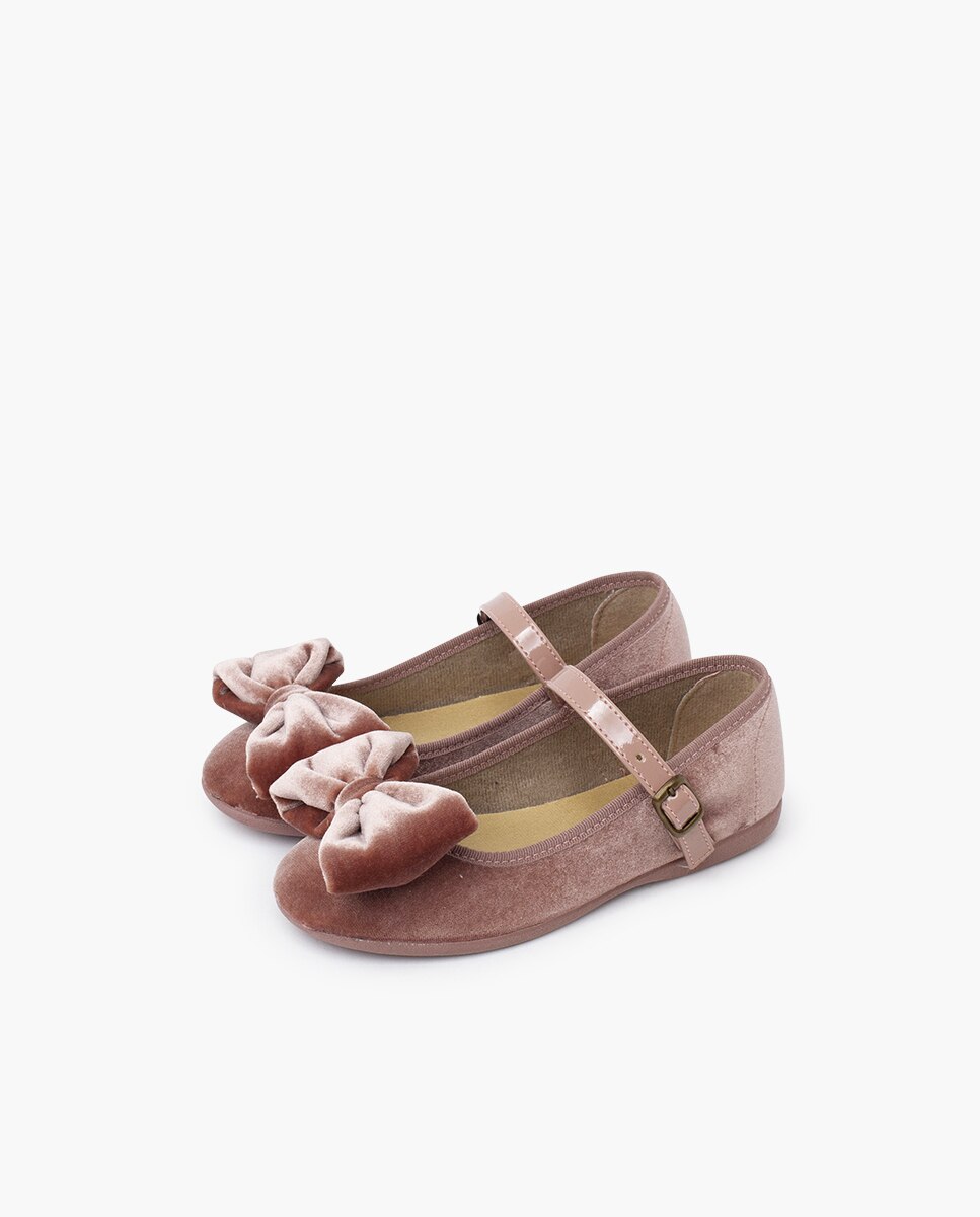 Sapatos de Presilha em Veludo com Laço Grande Tira Pisamonas Bege-3