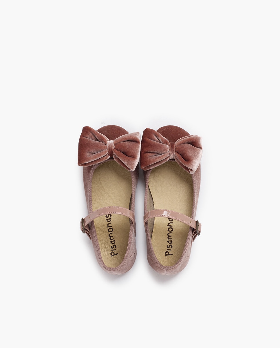 Sapatos de Presilha em Veludo com Laço Grande Tira Pisamonas Bege-4