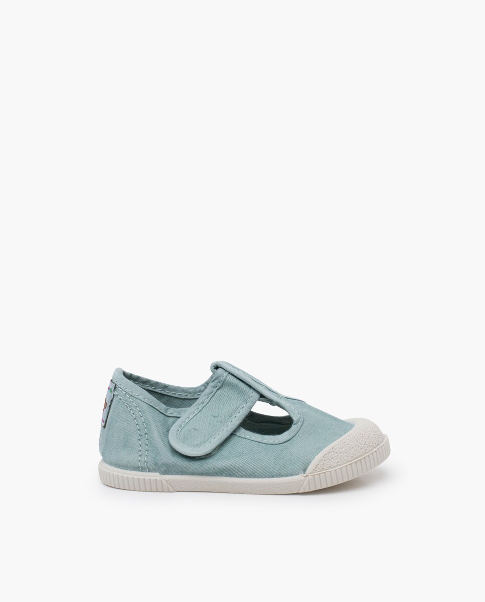 Sapatos de Presilha com Biqueira Barefoot em Lona com Lavagem - Cinzento Verde-azulado-1