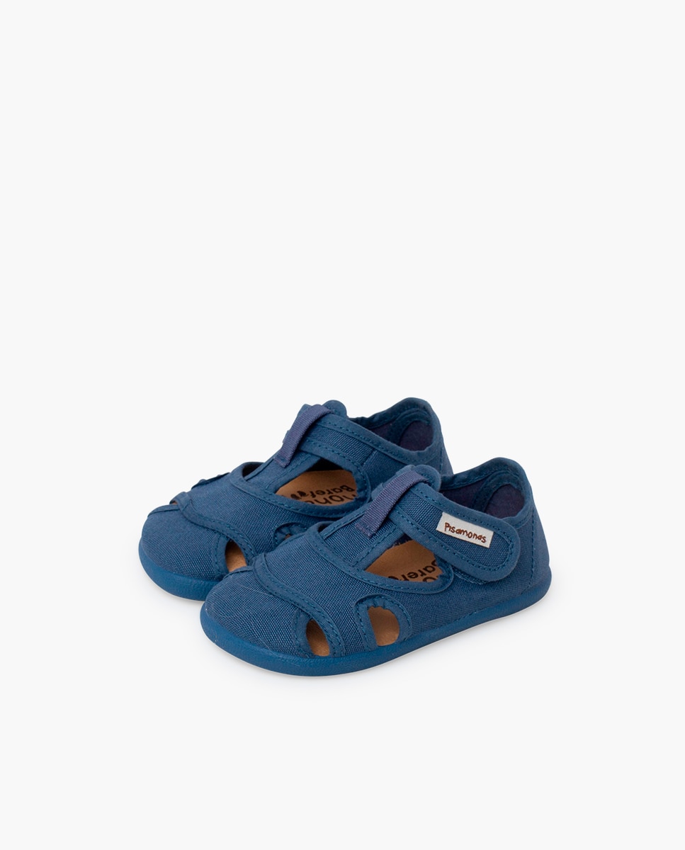 Sandálias Fechadas Infantil Barefoot de Lona com Velcro Largo Azul-claro-3