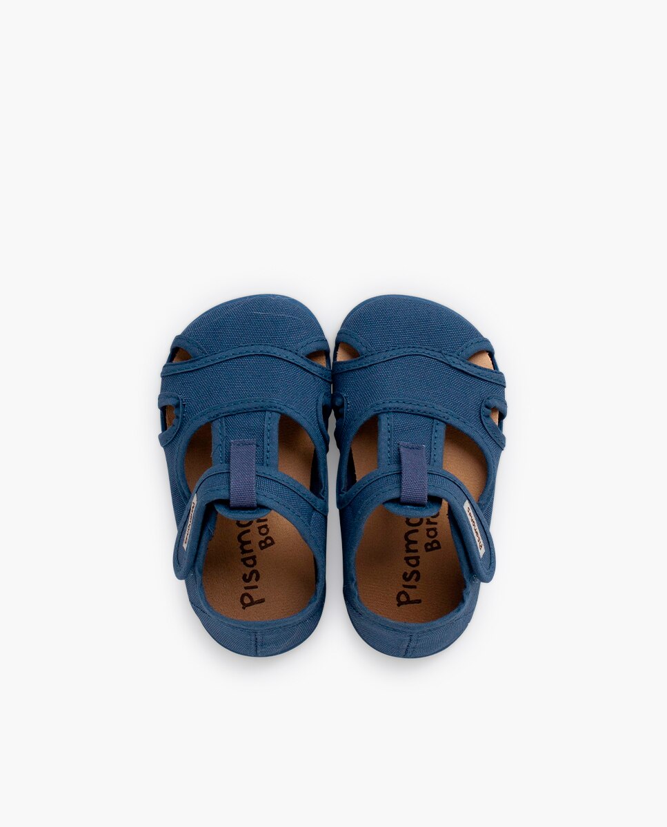 Sandálias Fechadas Infantil Barefoot de Lona com Velcro Largo Azul-claro-4