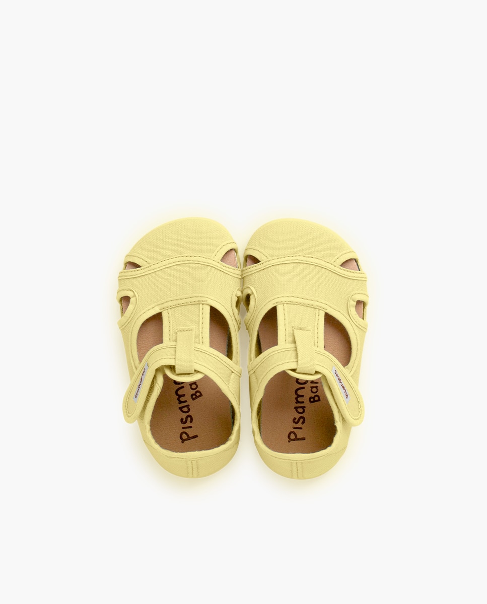 Sandálias Fechadas Infantil Barefoot de Lona com Velcro Largo Amarelo-4