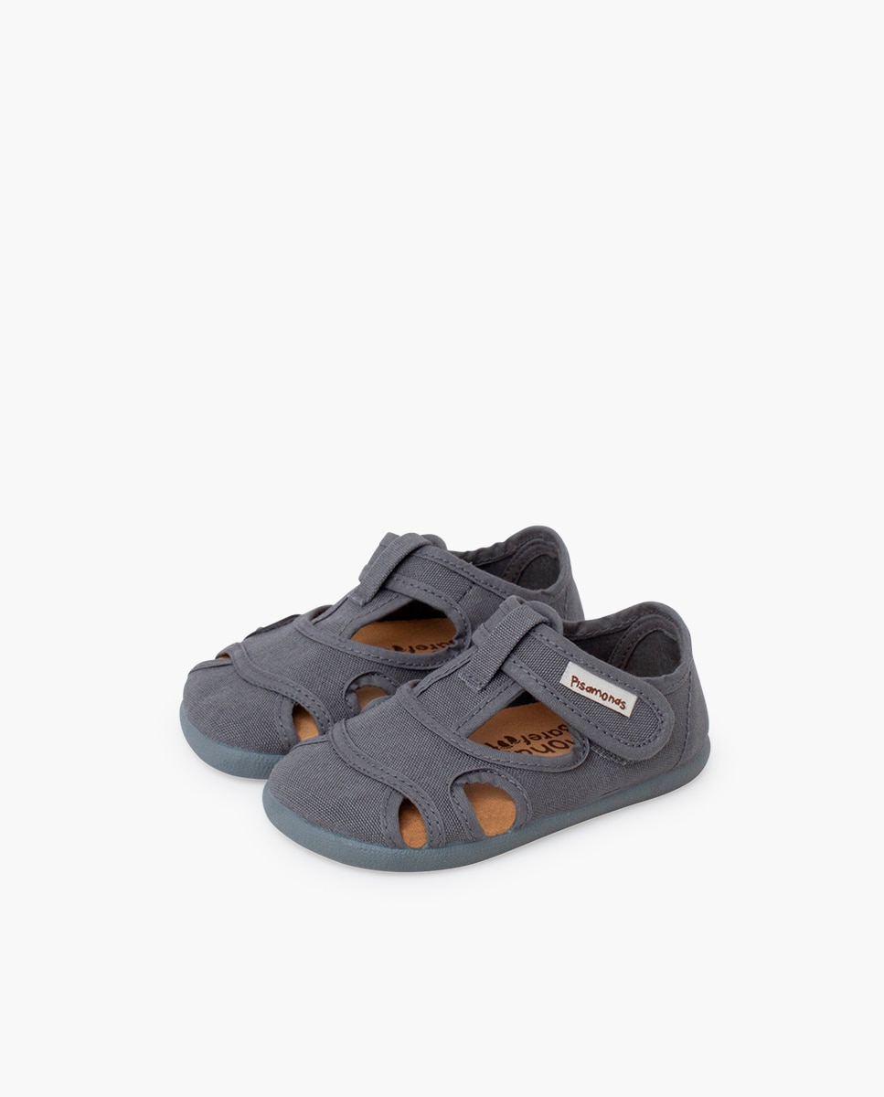 Sandálias Fechadas Infantil Barefoot de Lona com Velcro Largo Pisamonas Cinzento-3