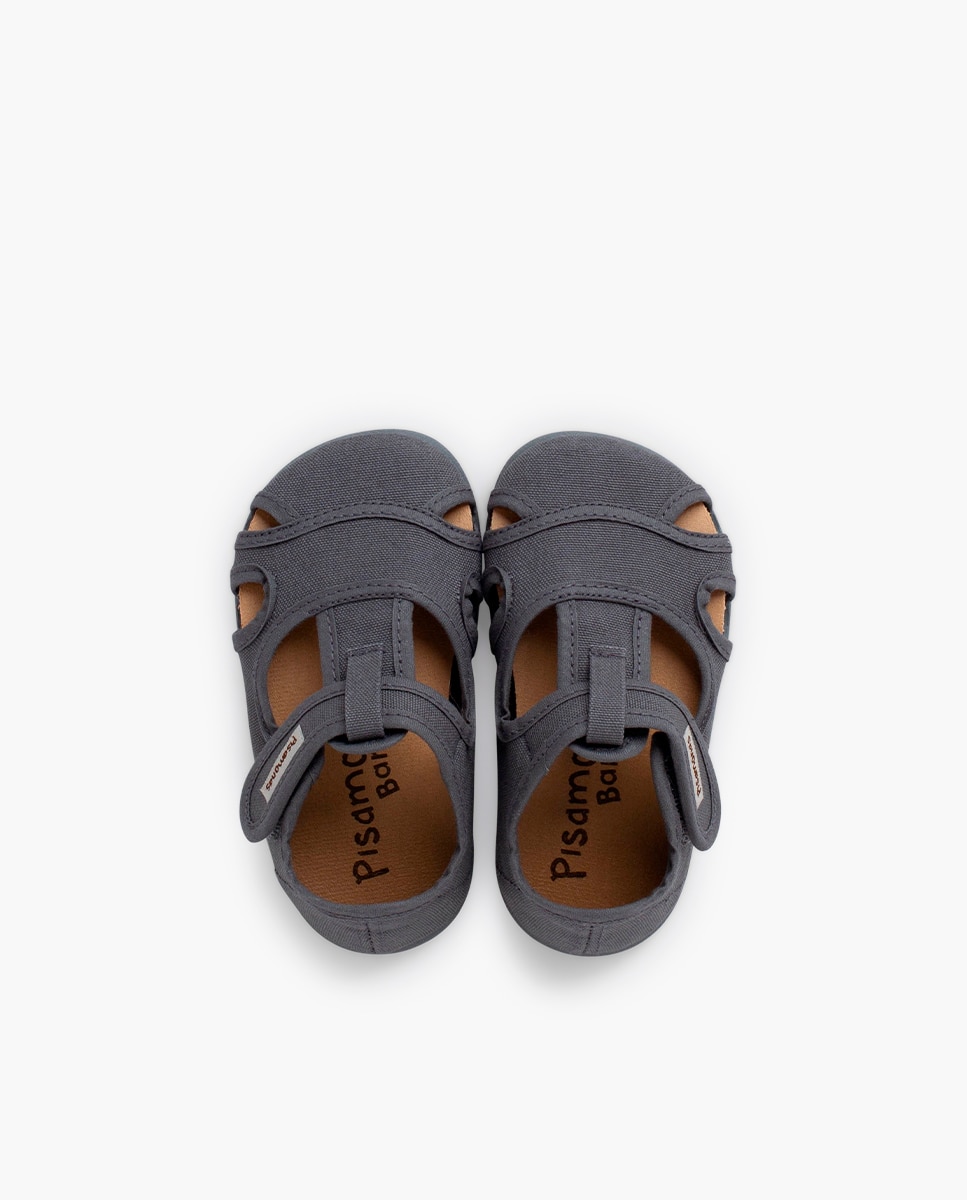 Sandálias Fechadas Infantil Barefoot de Lona com Velcro Largo Pisamonas Cinzento-4