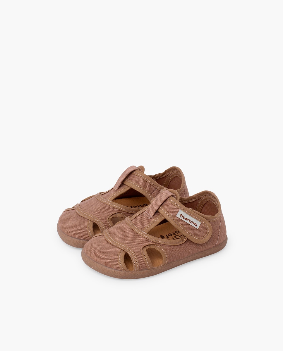 Sandálias Fechadas Infantil Barefoot de Lona com Velcro Largo Bege-3