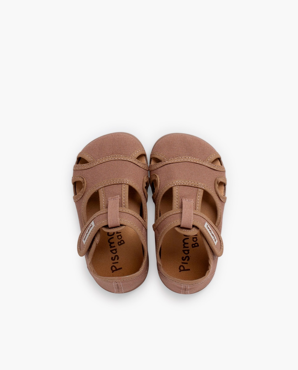 Sandálias Fechadas Infantil Barefoot de Lona com Velcro Largo Bege-4
