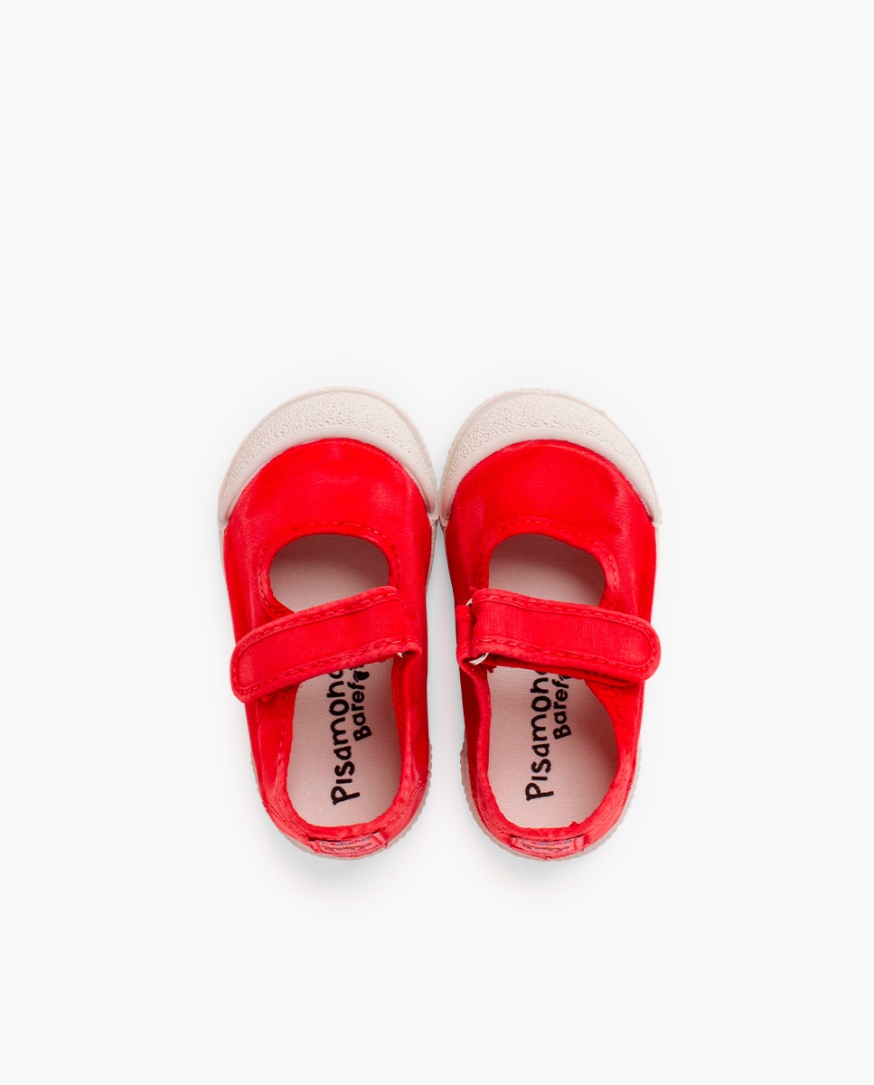 Merceditas de Bebé com Biqueira Barefoot de Lona Lavada Pisamonas Vermelho-4