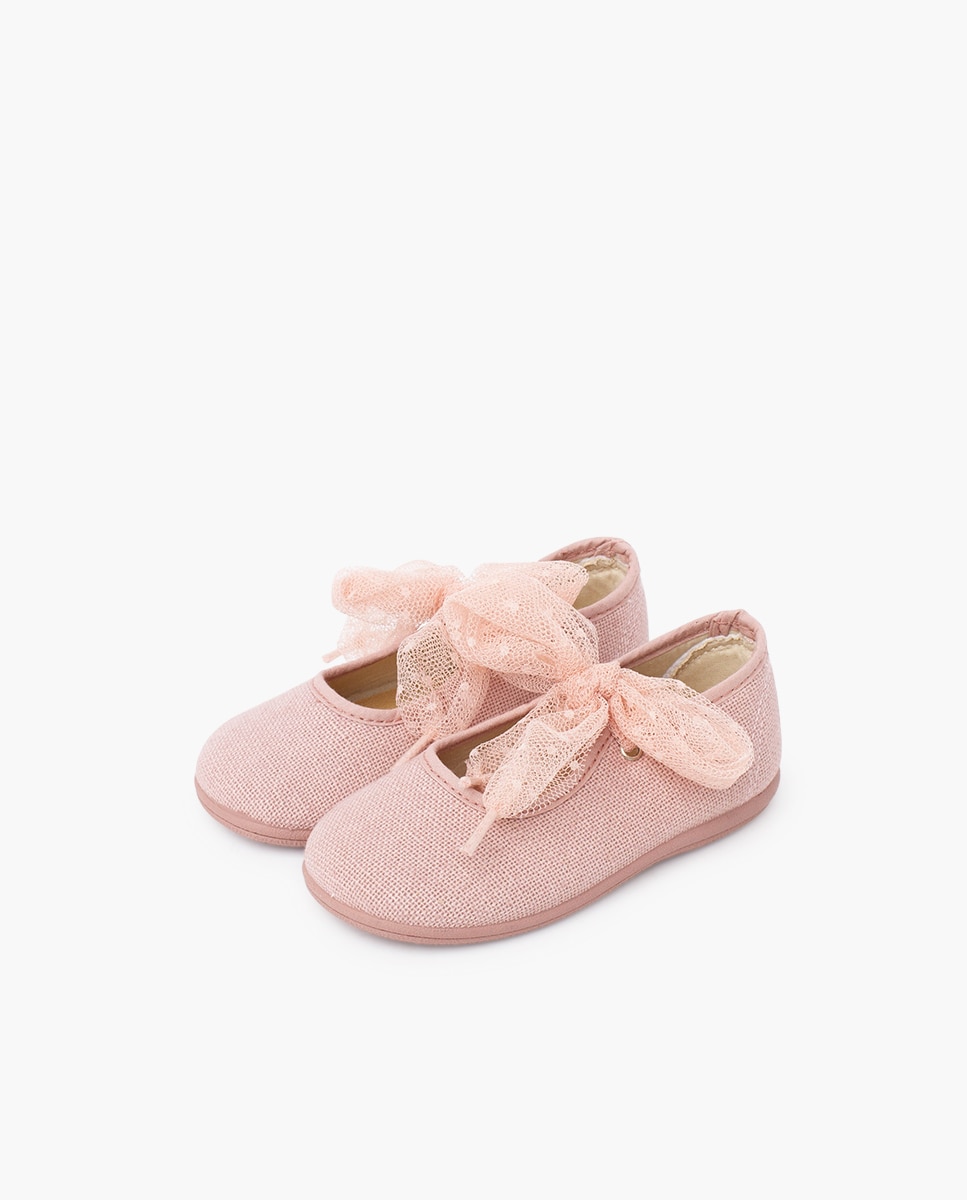 Merceditas de Bebé com Laço em Tule Plumeti Rosa-3