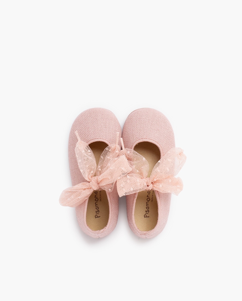 Merceditas de Bebé com Laço em Tule Plumeti Rosa-4