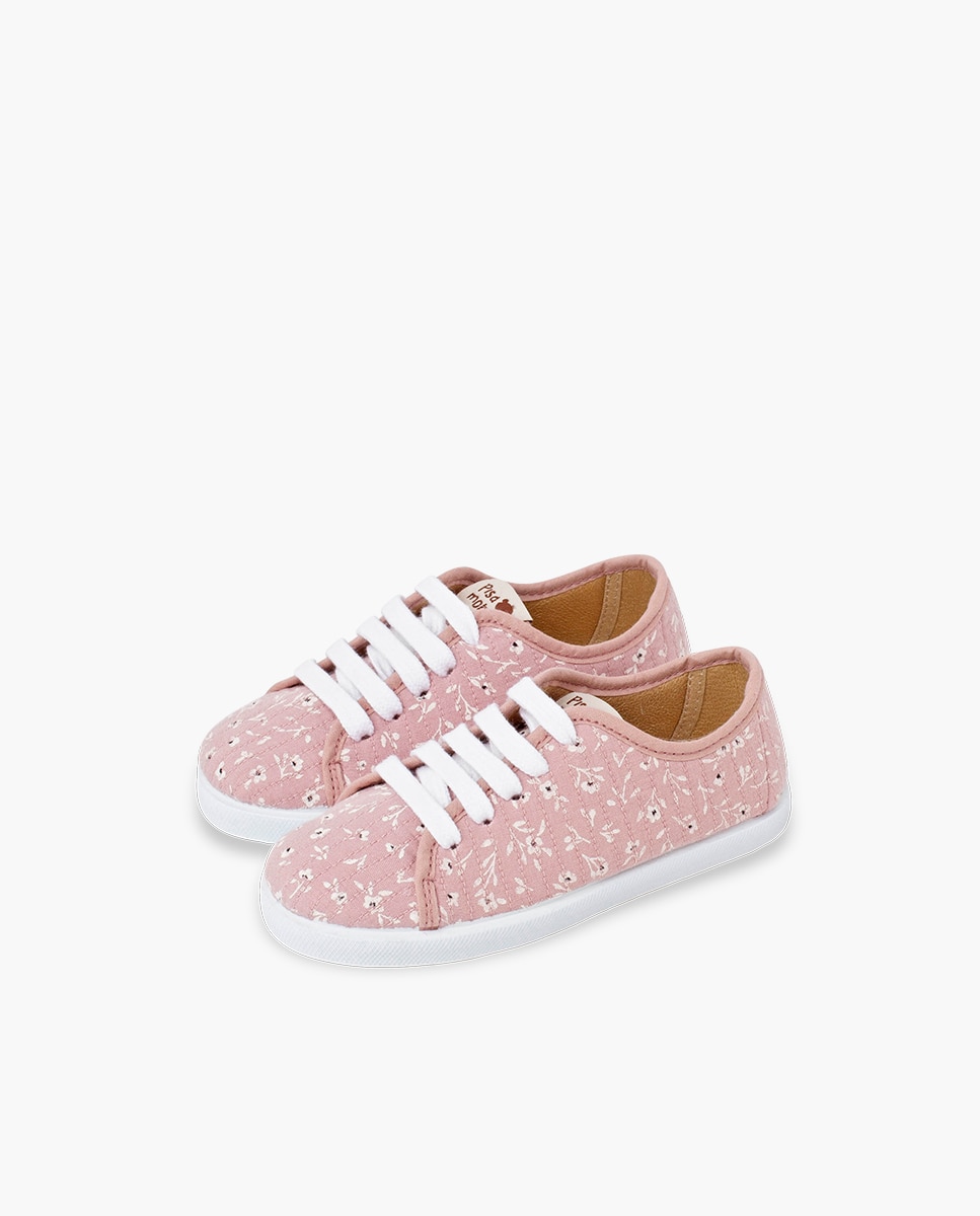 Sapatilhas de Lona Infantil com Atacadores e Flores Pisamonas Rosa-3