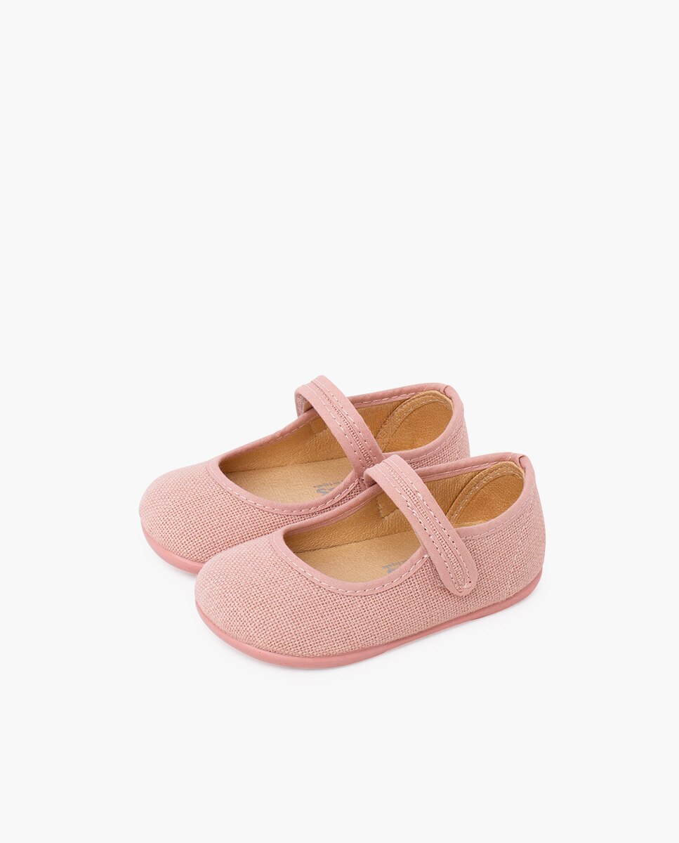Sapatos de Presilha para Bebé Barefoot em Linho com Velcro Rosa-3