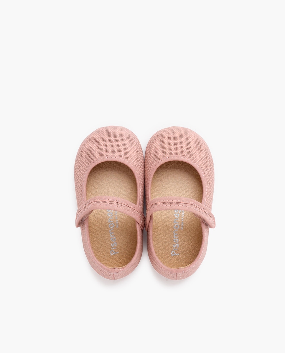 Sapatos de Presilha para Bebé Barefoot em Linho com Velcro Rosa-4
