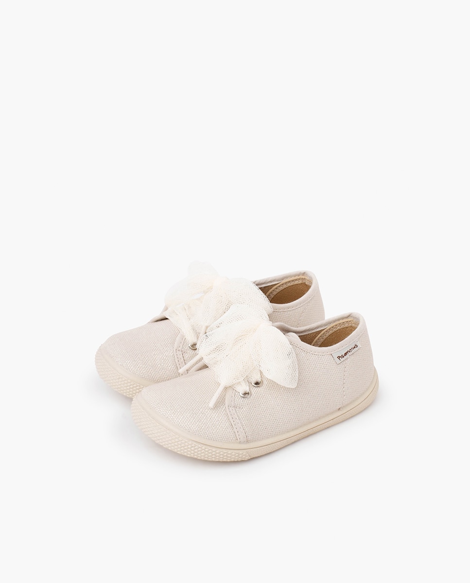 Sapatilhas de Lona Infantil Barefoot Brilho com Laço de Tule Ouro-3