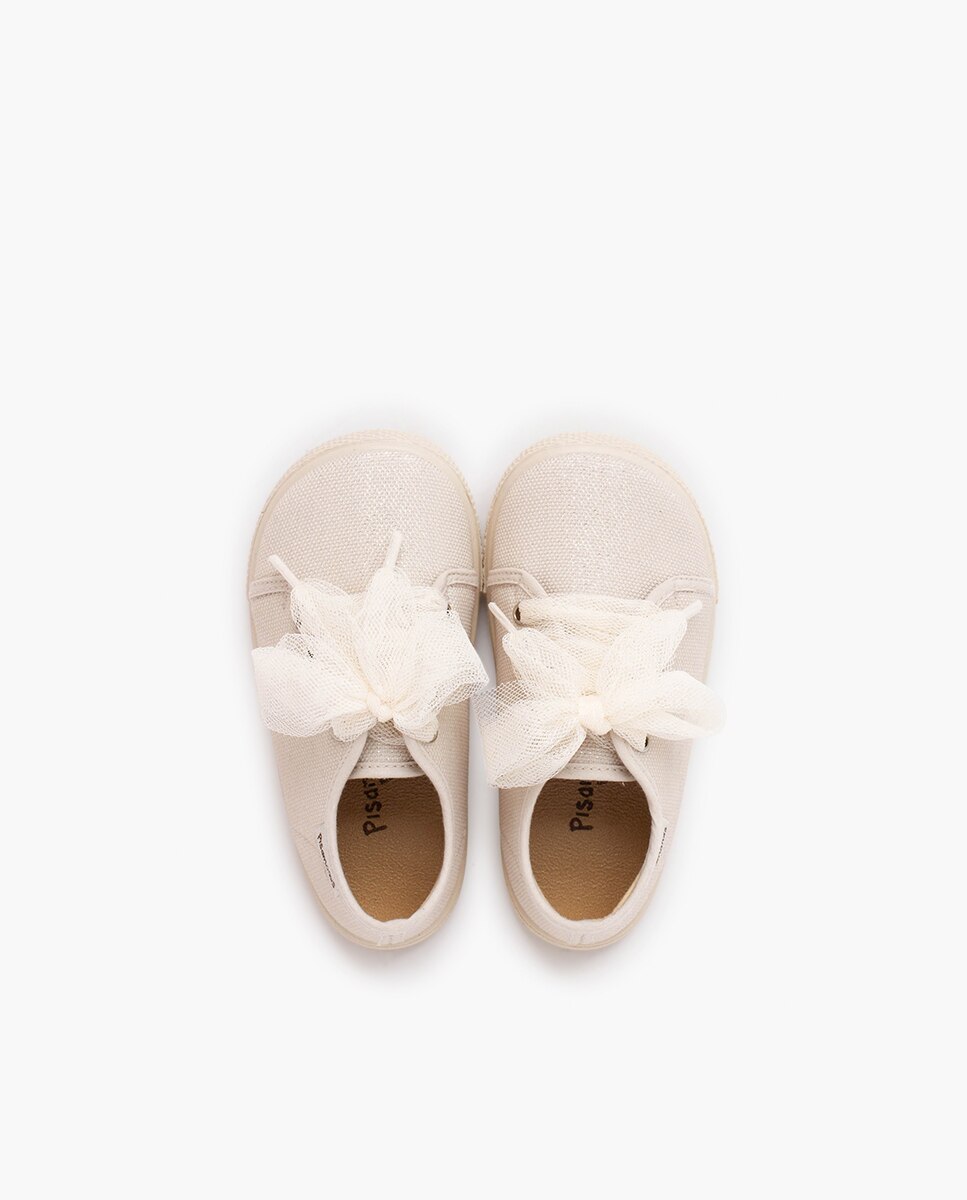 Sapatilhas de Lona Infantil Barefoot Brilho com Laço de Tule Ouro-4