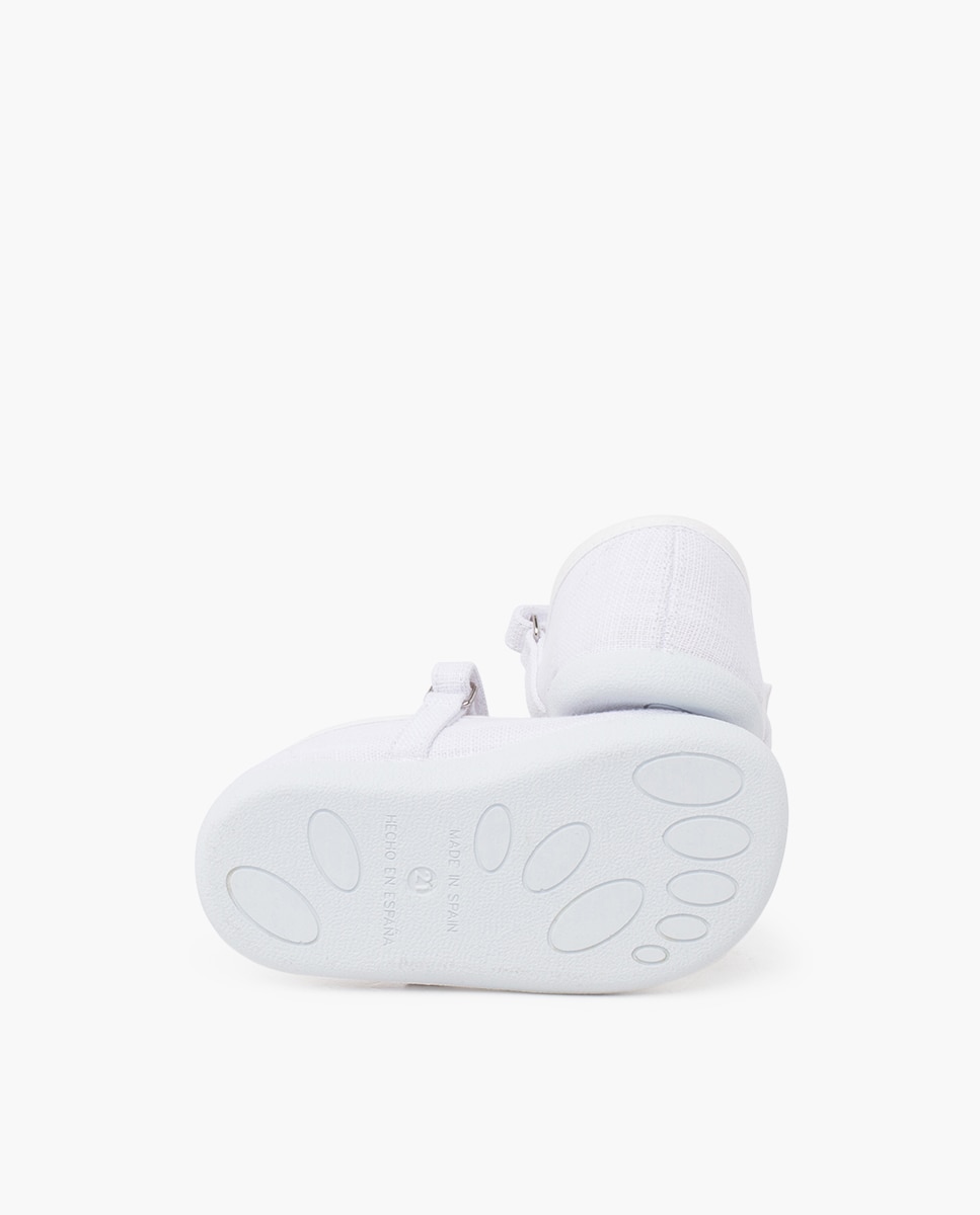 Sapatos de Presilha Infantil Barefoot em Linho Leve com Fecho Branco-2