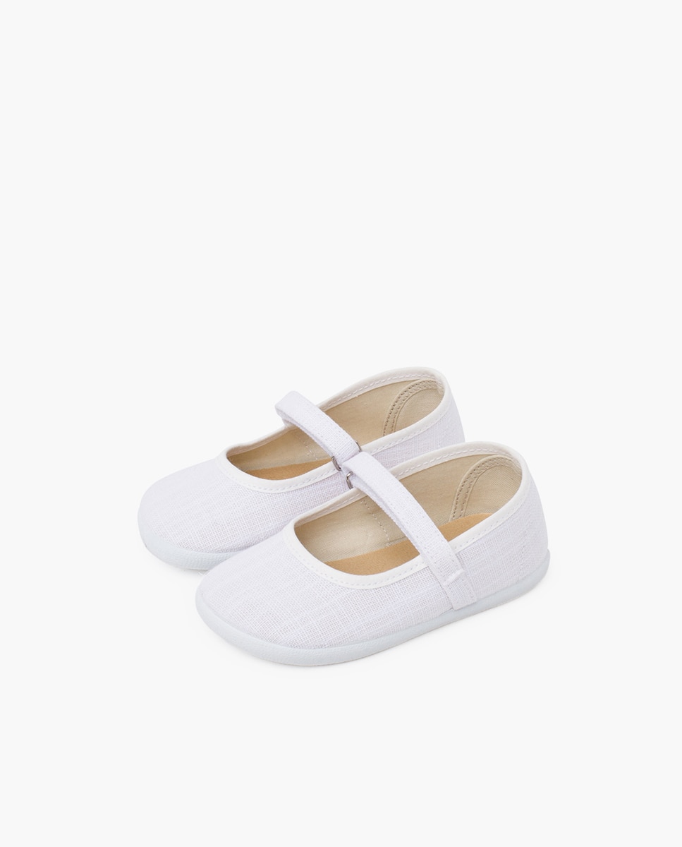 Sapatos de Presilha Infantil Barefoot em Linho Leve com Fecho Branco-3