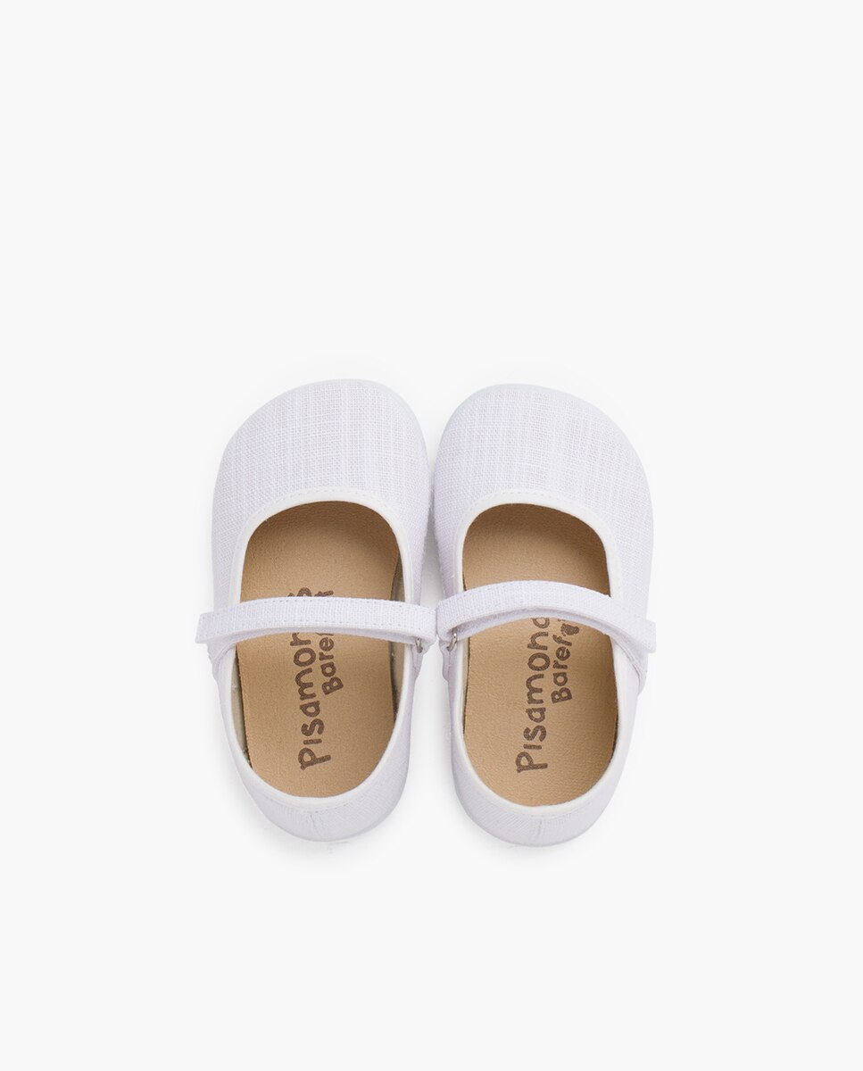 Sapatos de Presilha Infantil Barefoot em Linho Leve com Fecho Branco-4