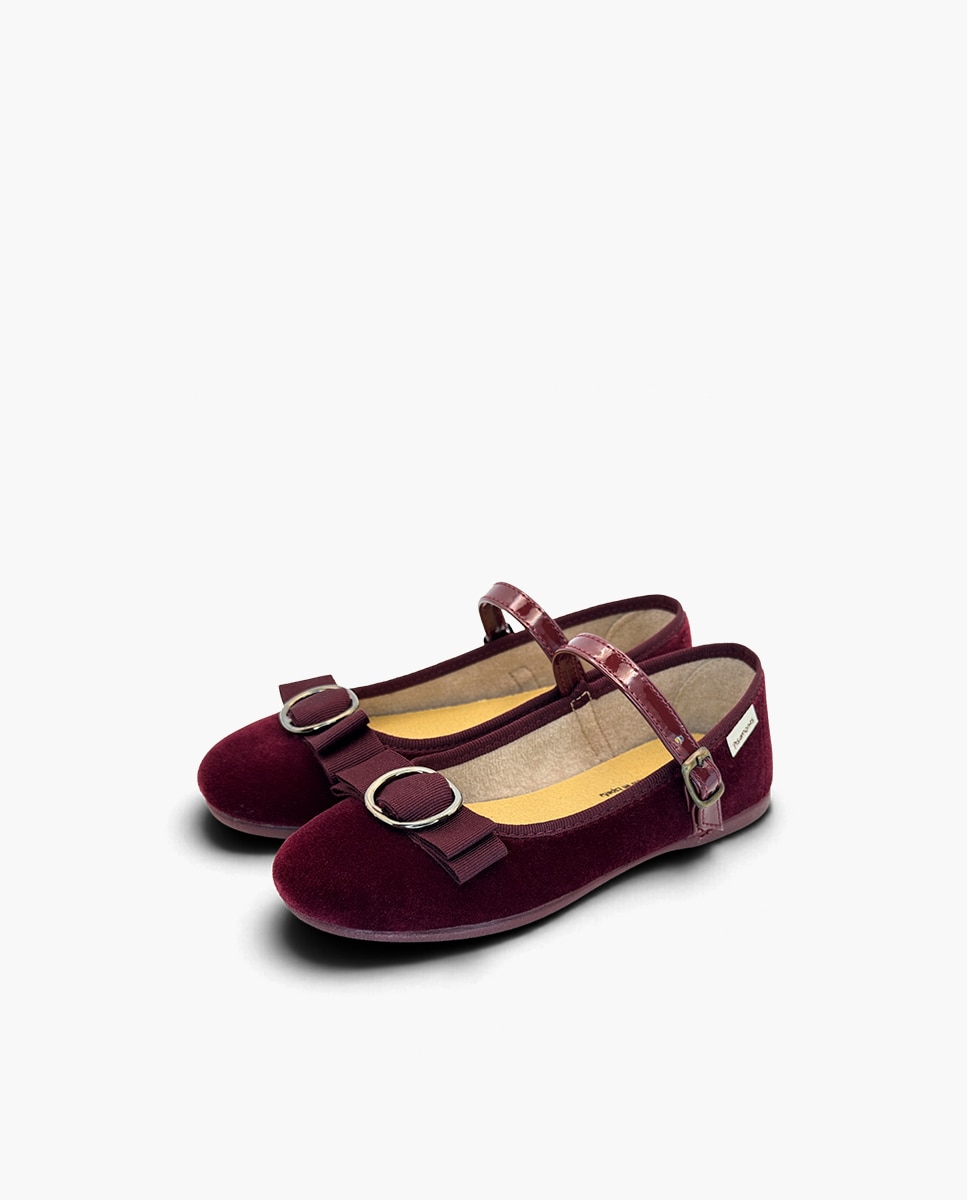 Sapatos de Presilha em Veludo com Laço e Fivela Bordeaux-3